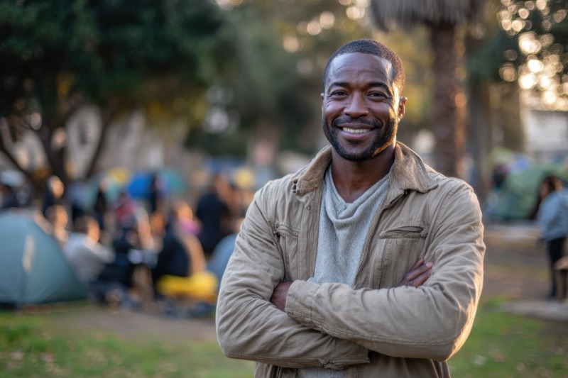 A man smiling with confidence outdoors